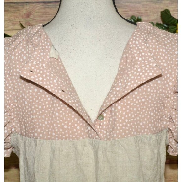 Entro Beige & Pink Cap Sleeve Tiered Blouse Top Size S Striped Polka Dots Cute - Picture 10 of 13